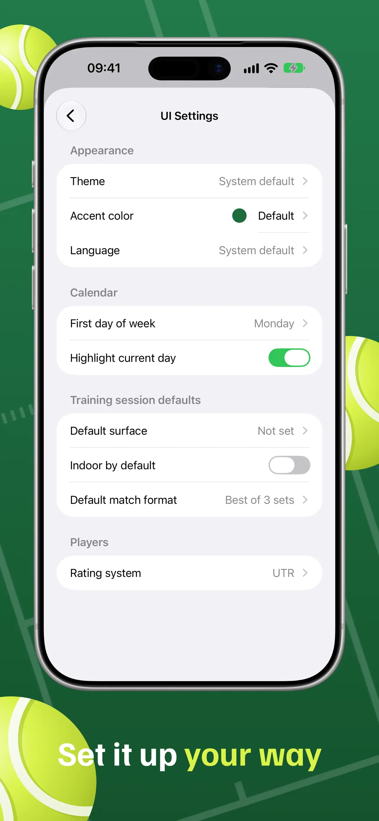 Settings and training defaults